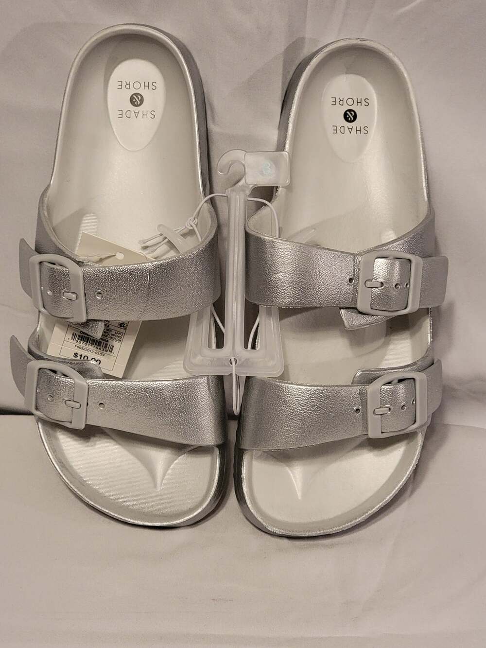 Shade & Shore Womens' Neida EVA Two Band Footbed Slide Sandals Silver Sz 8